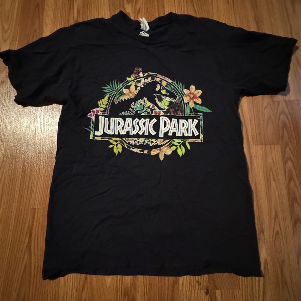 Jurassic Park Black Floral Graphic T-Shirt Size M Movie Classic Y2k Dinosaur fan